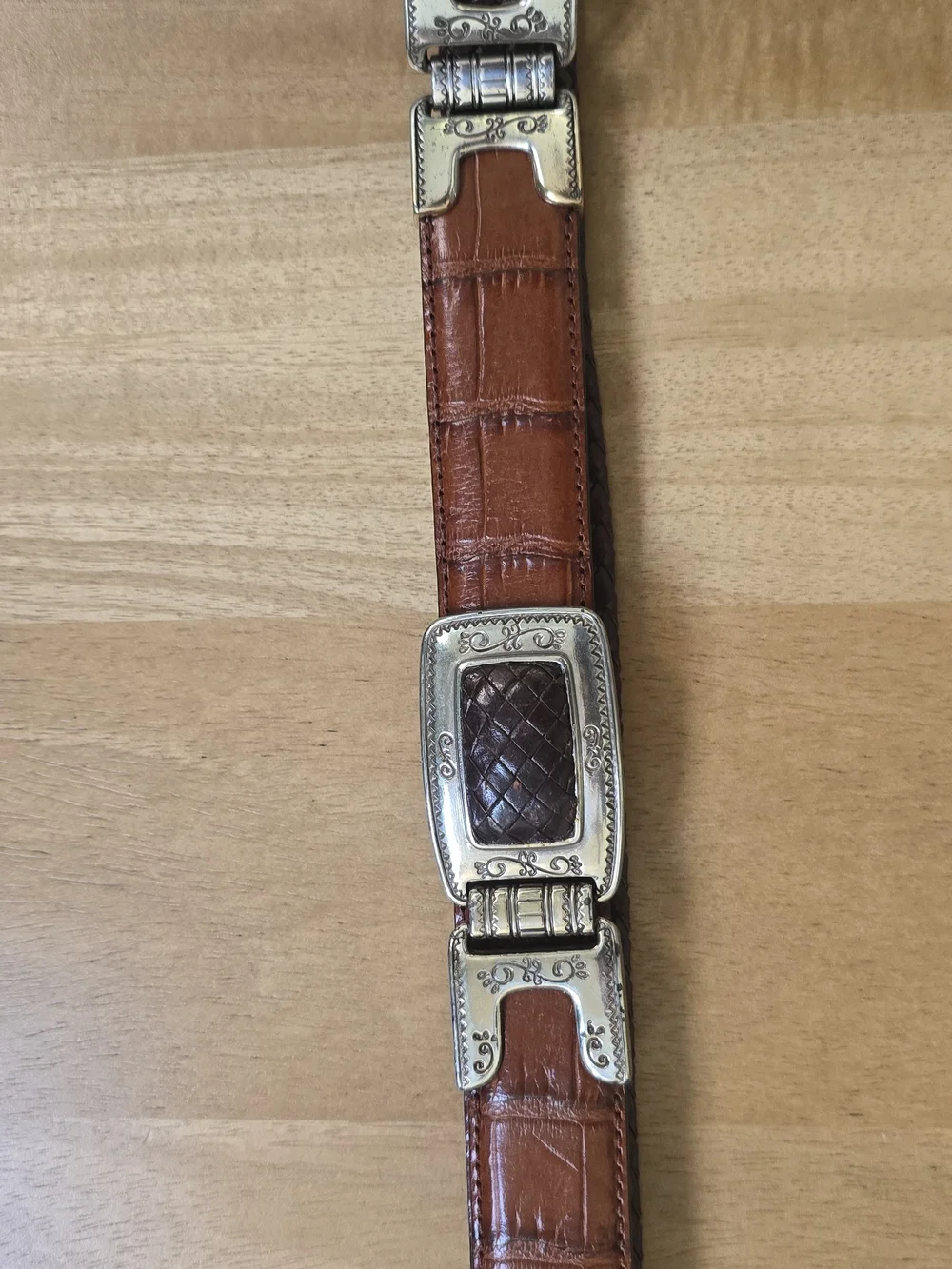 Brighton Women's Brown Leather Belt 9A107 Braided Croc Embossed Silver Tone M/L